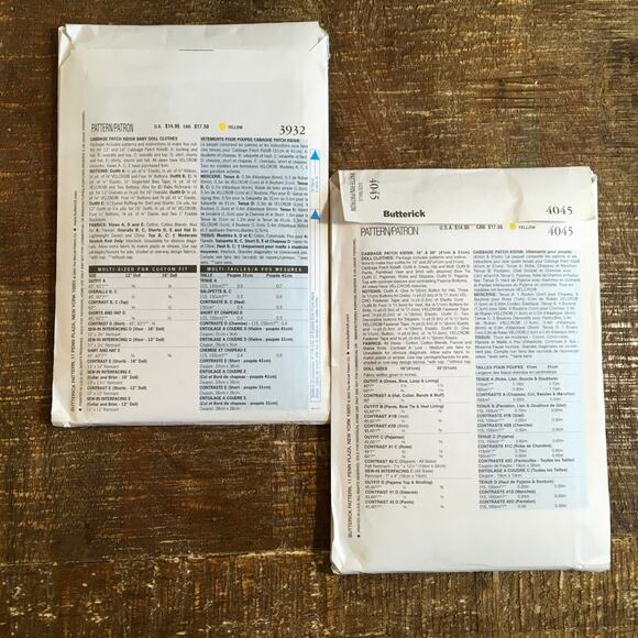 Butterick Sewing Pattern 3932/4045 Cabbage Patch Kids Baby Doll Clothes UNCUT - Picture 2 of 2